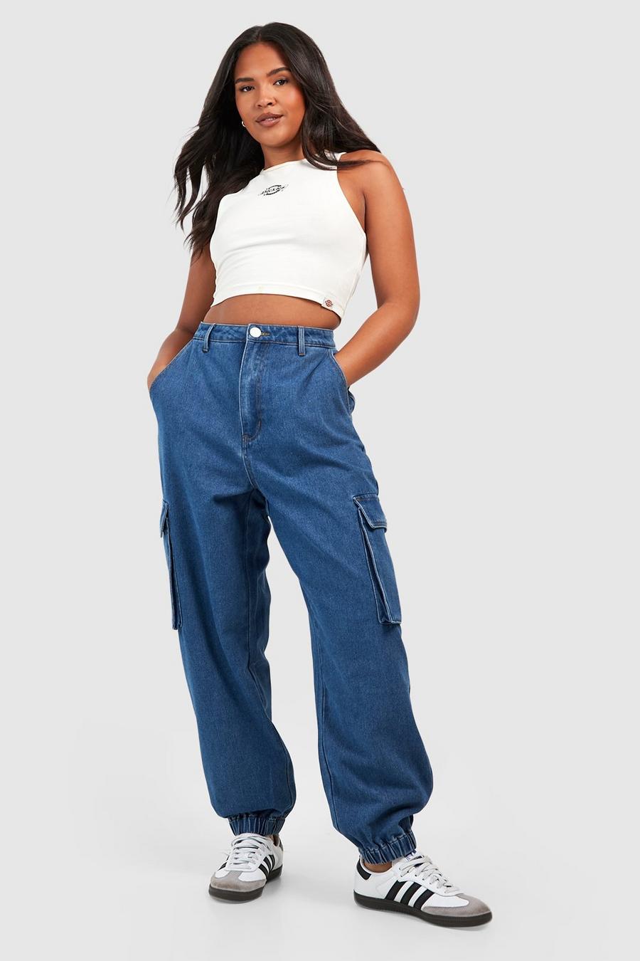 Mid wash Plus High Waisted Denim Cargo Joggers  image number 1
