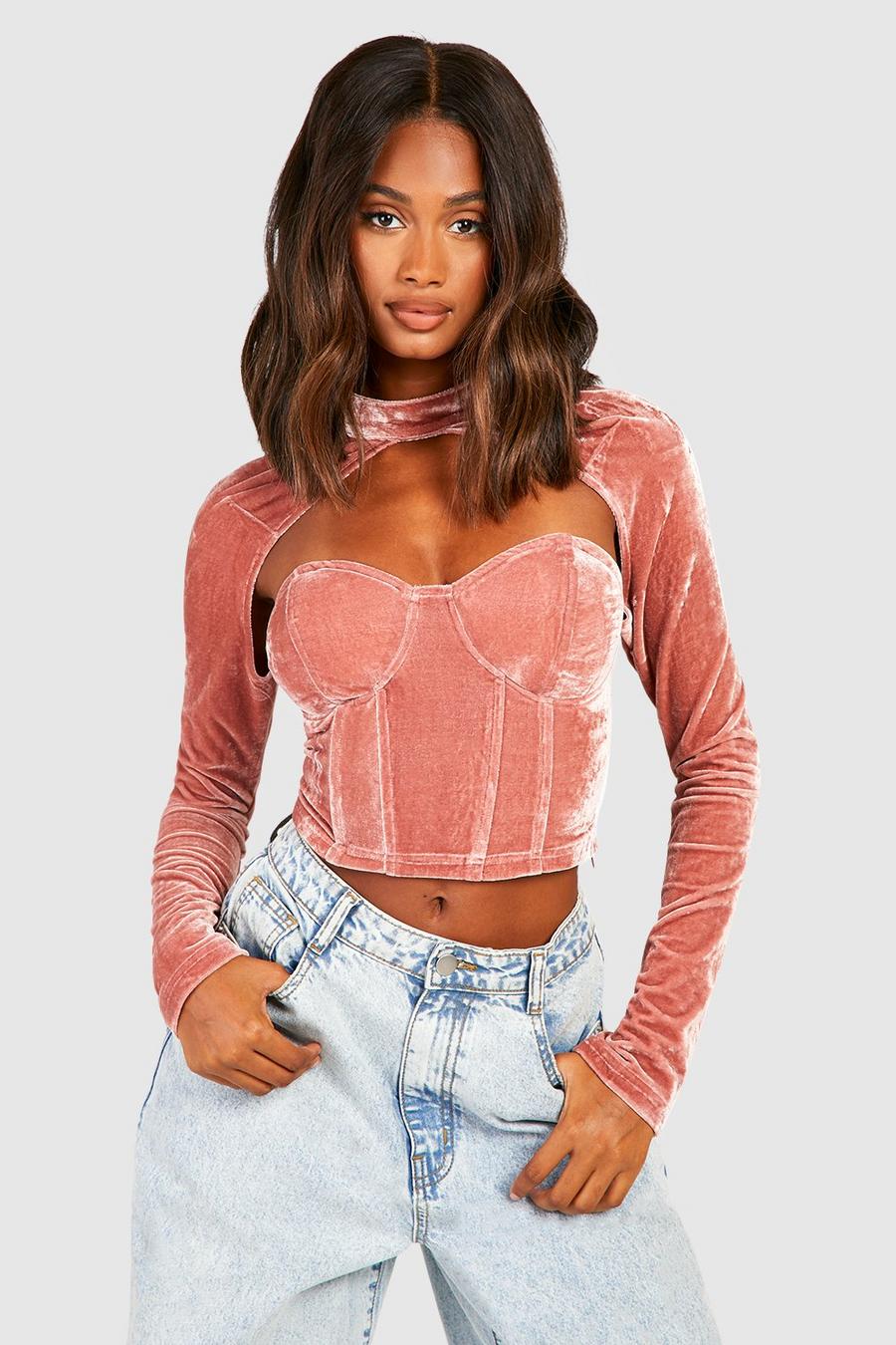 Top estilo corsé de terciopelo con plumas en los puños, Blush