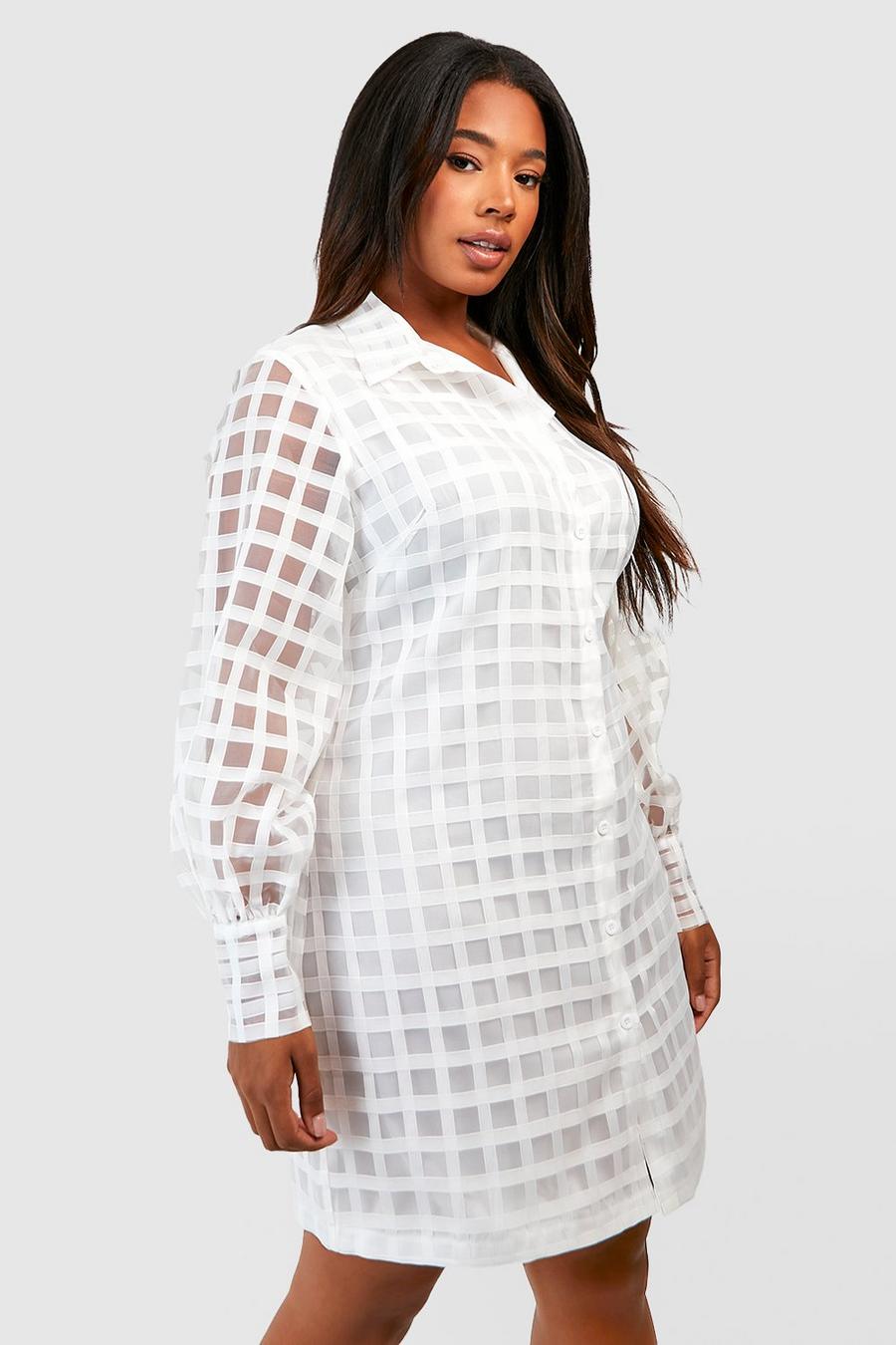 Grande taille - Robe chemise en organza à carreaux, White