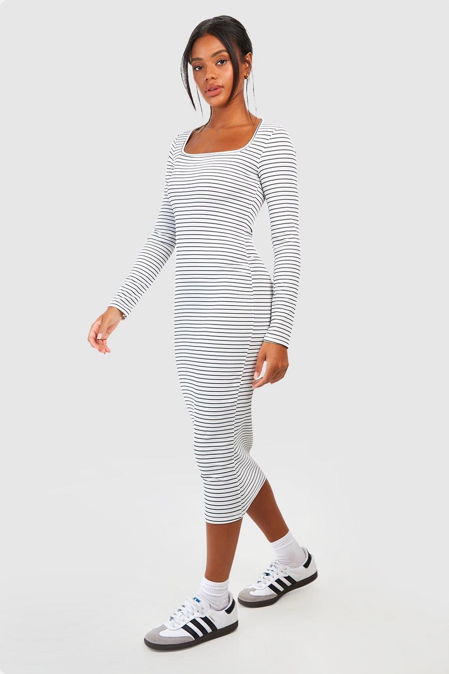 White Square Neck Stripe Bodycon Dress