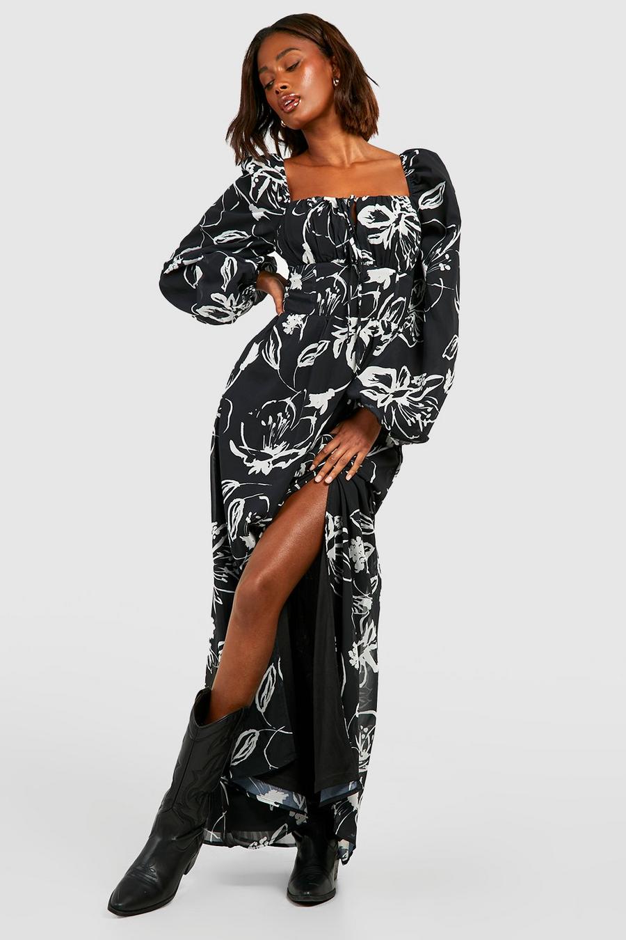 Black Floral Puff Sleeve Ruched Bust Maxi Milkmaid Dress