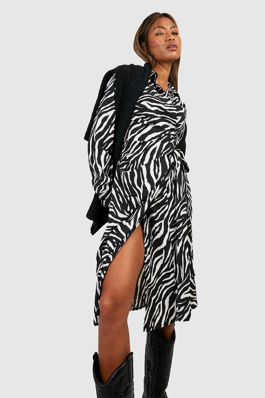 Black Zebra Printed Midi Wrap Shirt Dress