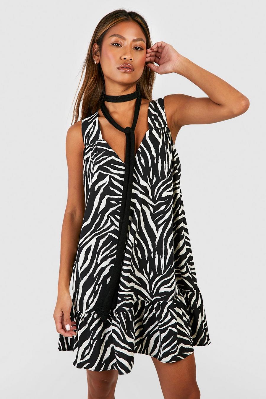 Black Zebra Trapeze Mini Dress image number 1