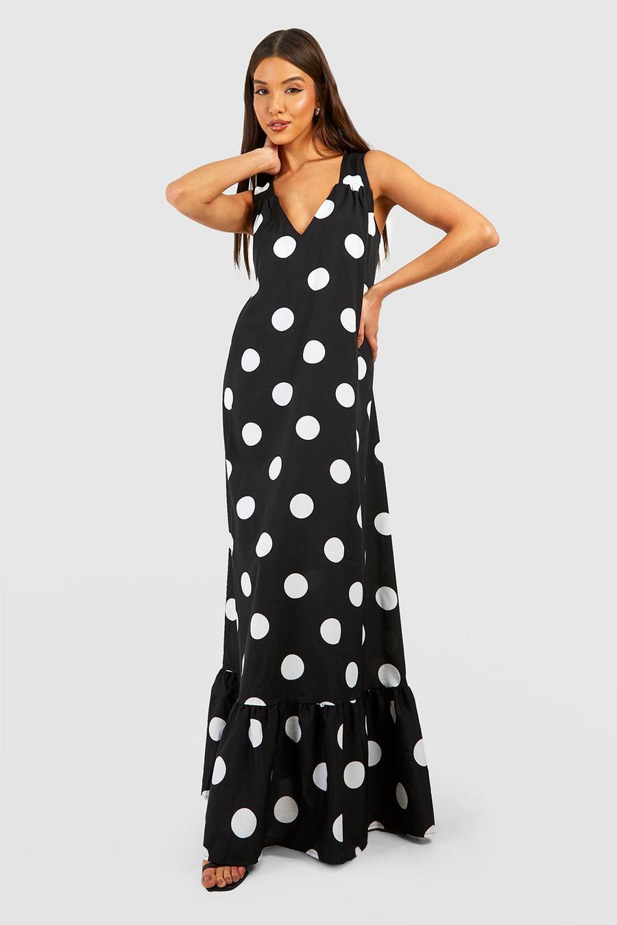 Black Polka Dot Trapeze Maxi Dress image number 1