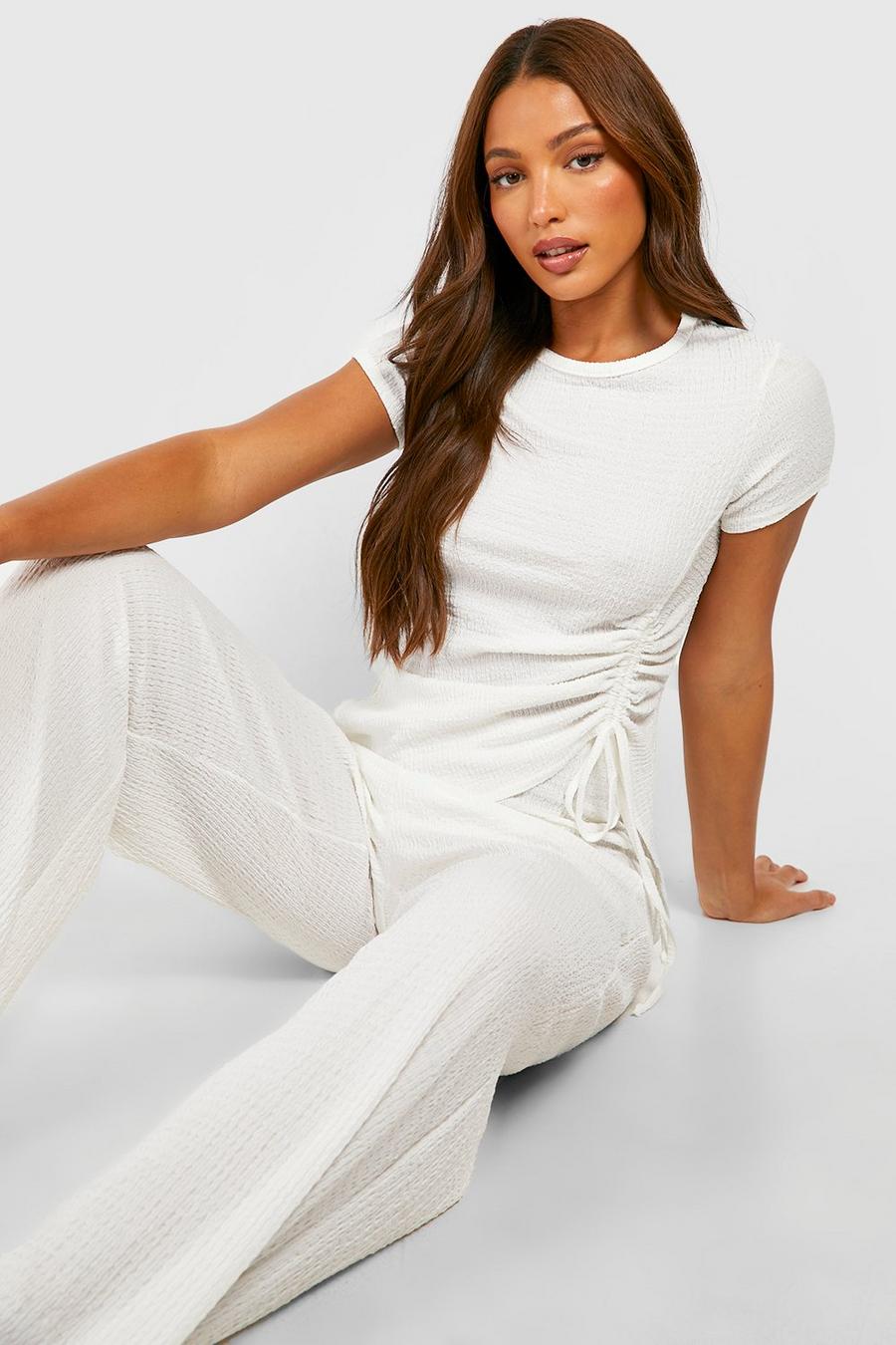 Ivory Tall Textured Ruched Side Asymmetric T-shirt