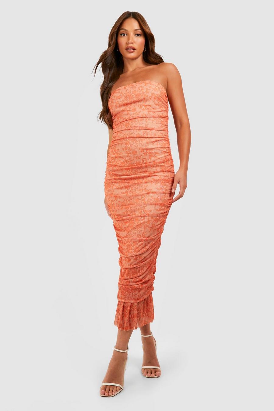 Burnt orange Tall Axelbandslös klänning i mesh med spetsmönster