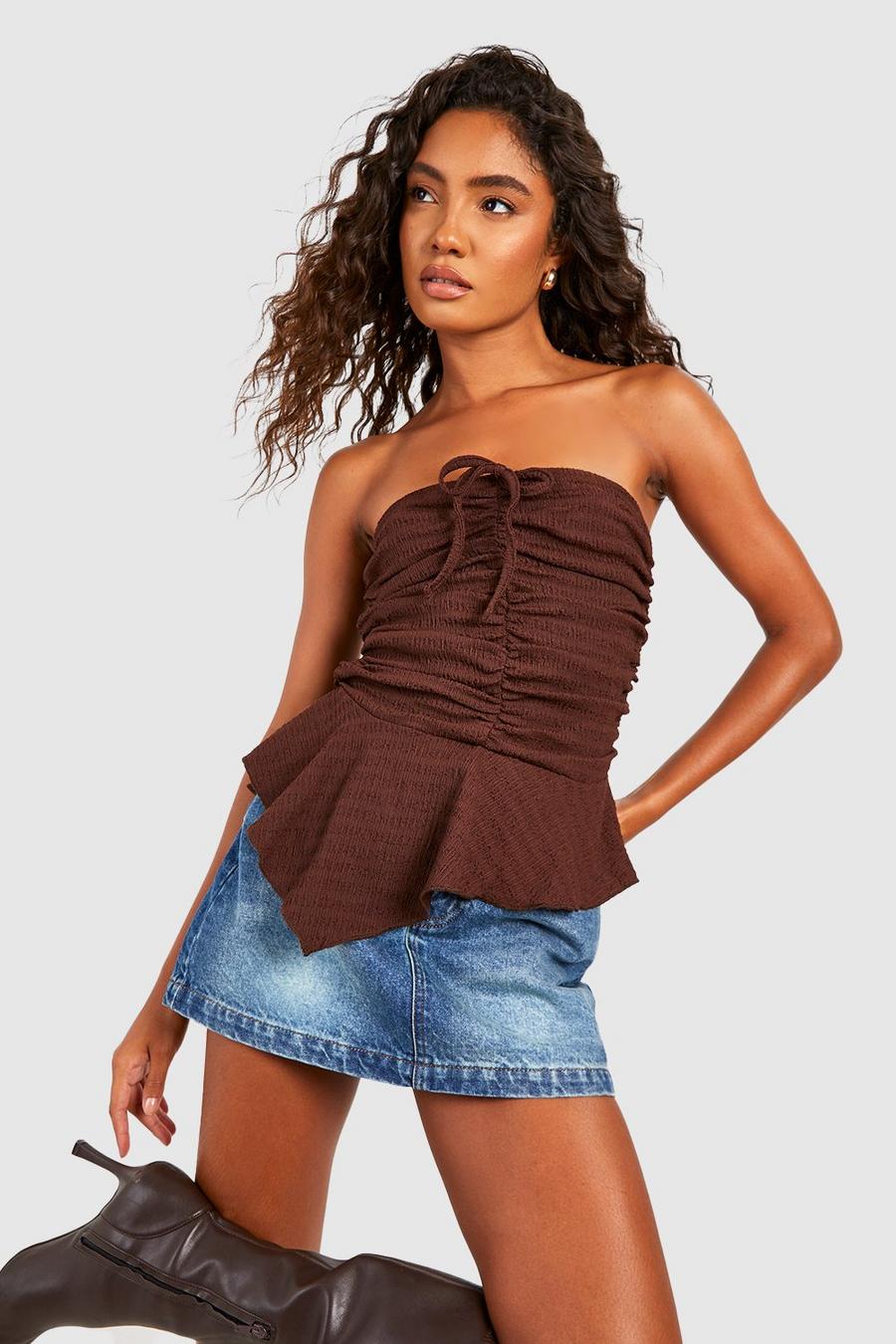 Tall Ruched Ruffle Hem Textured Bandeau Top