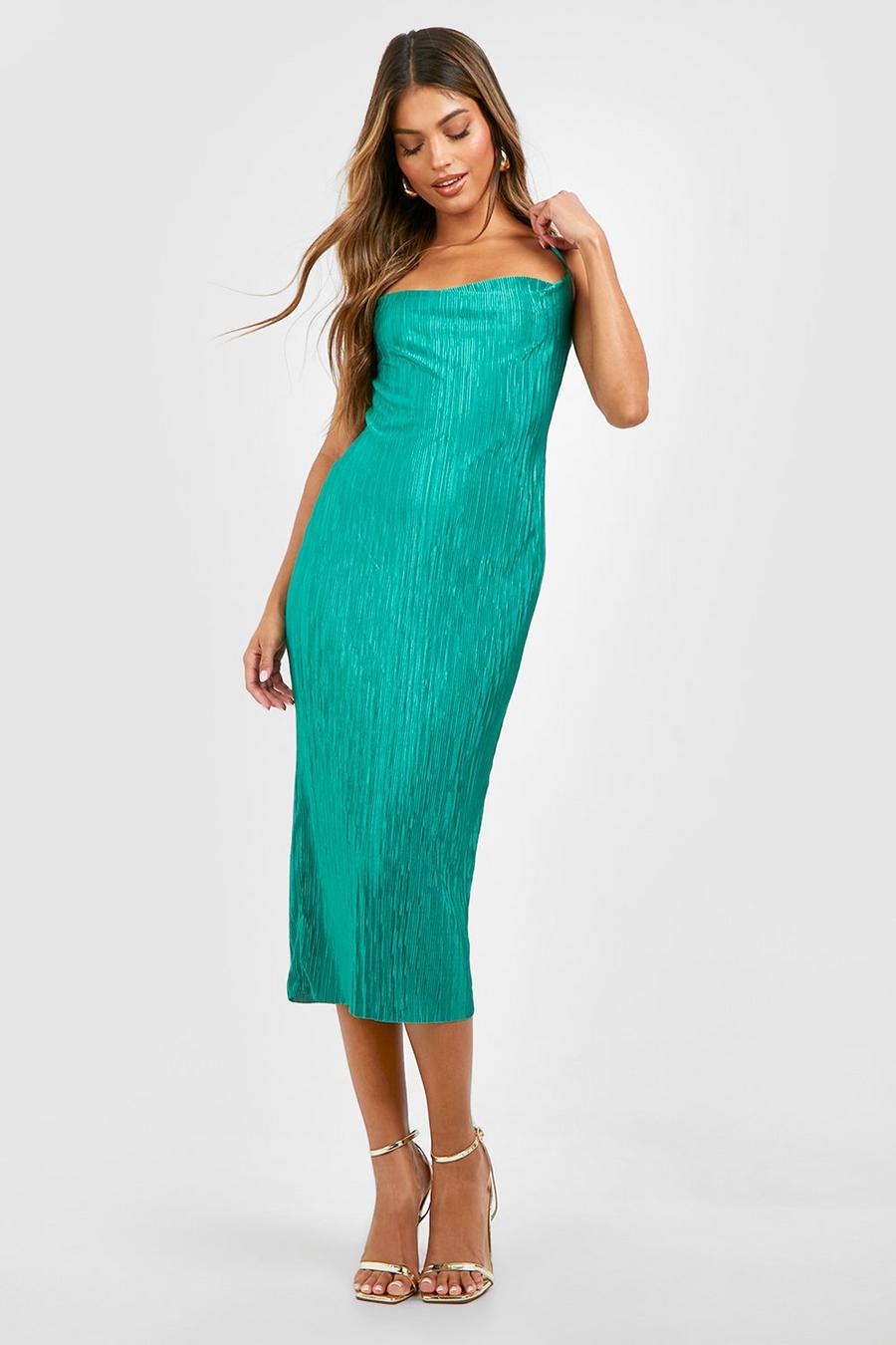 Green Plisse Strappy Midi Dress