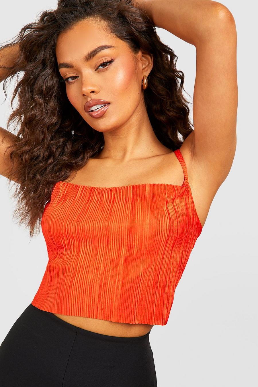 Orange Plisse Strappy Cowl Neck Cami 