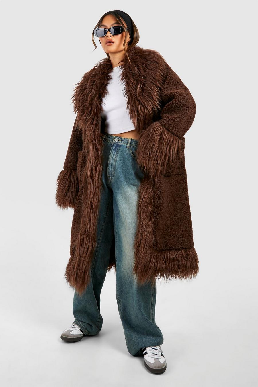 Chocolate Oversized Faux Fur Detail Coat  image number 1