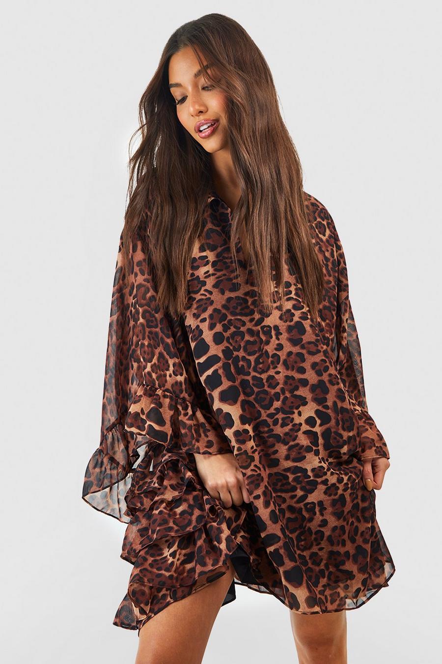 Vestido holgado de chifón con volante y estampado de leopardo, Brown