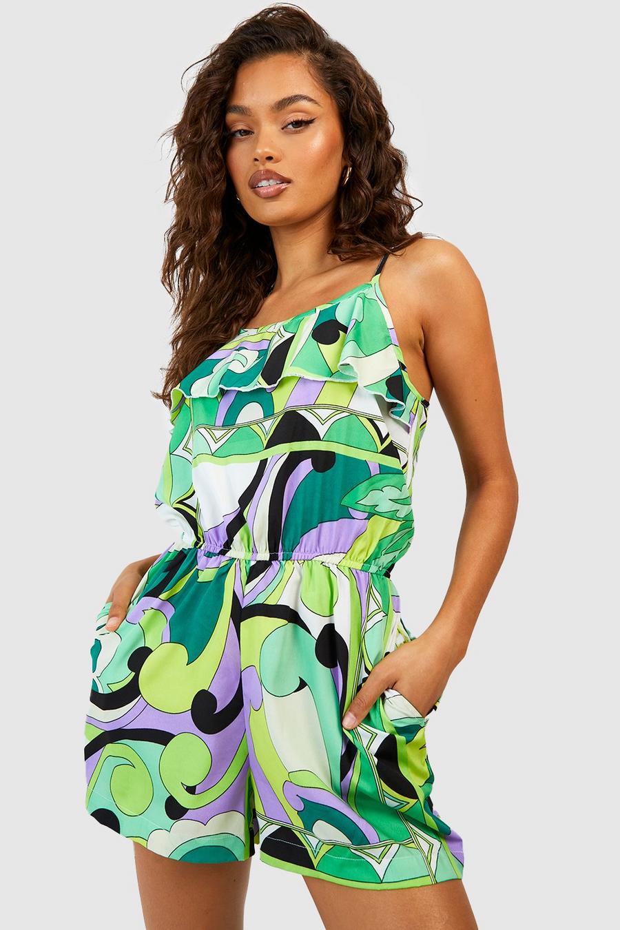 Green Losse Abstracte Playsuit Met Ruches
