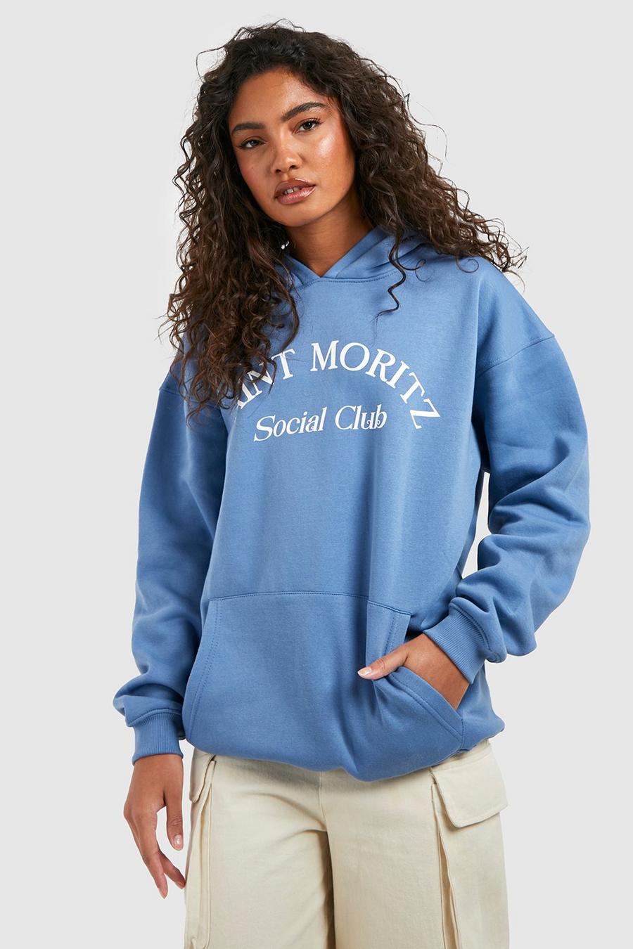 Tall Hoodie mit Saint Moritz Slogan, Blue