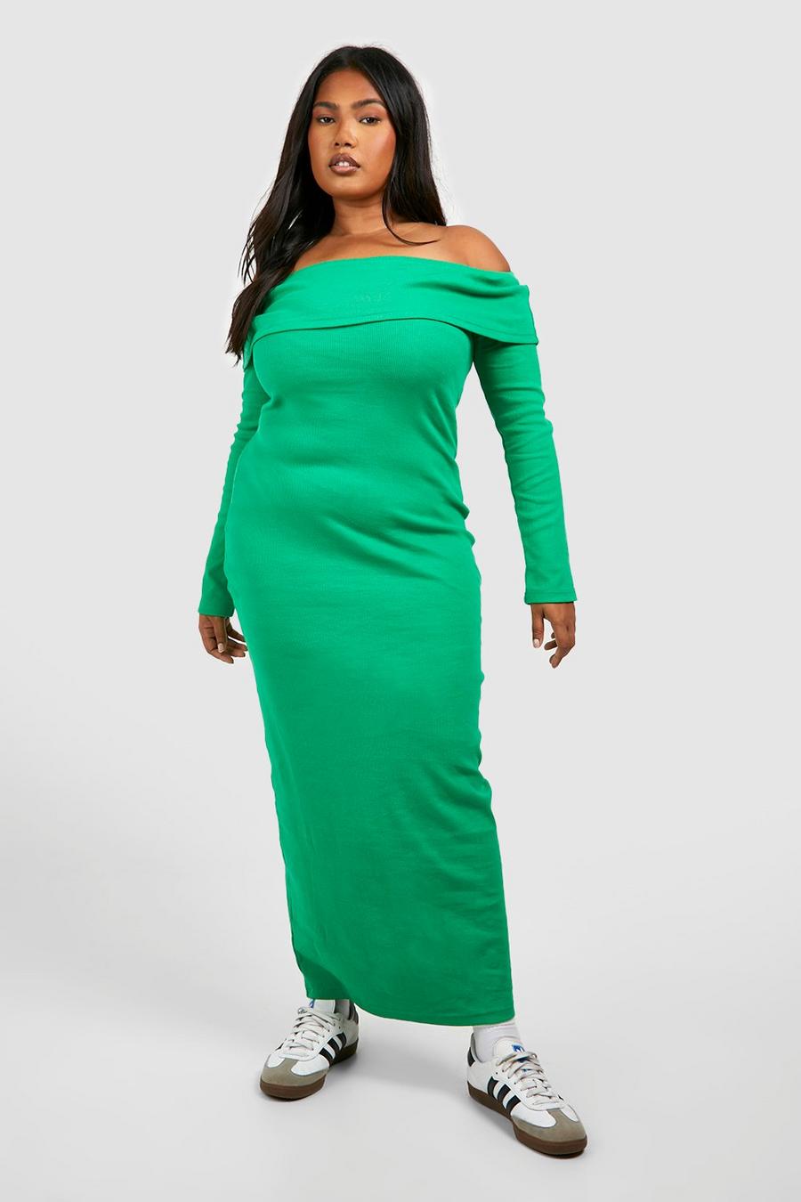 Green Plus Rib Basic Bardot Maxi Dress