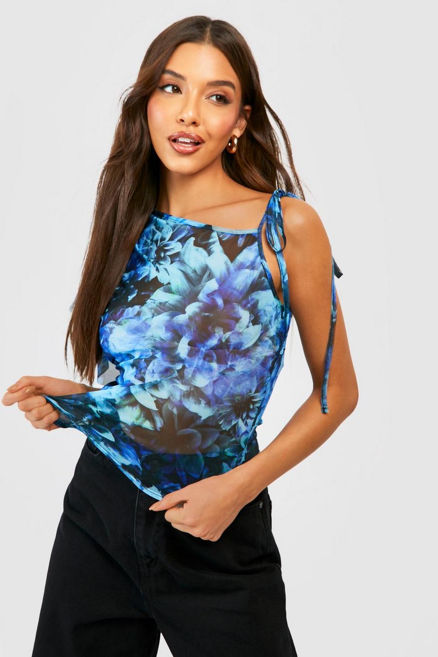 Top asymétrique fleuri en mesh, Blue