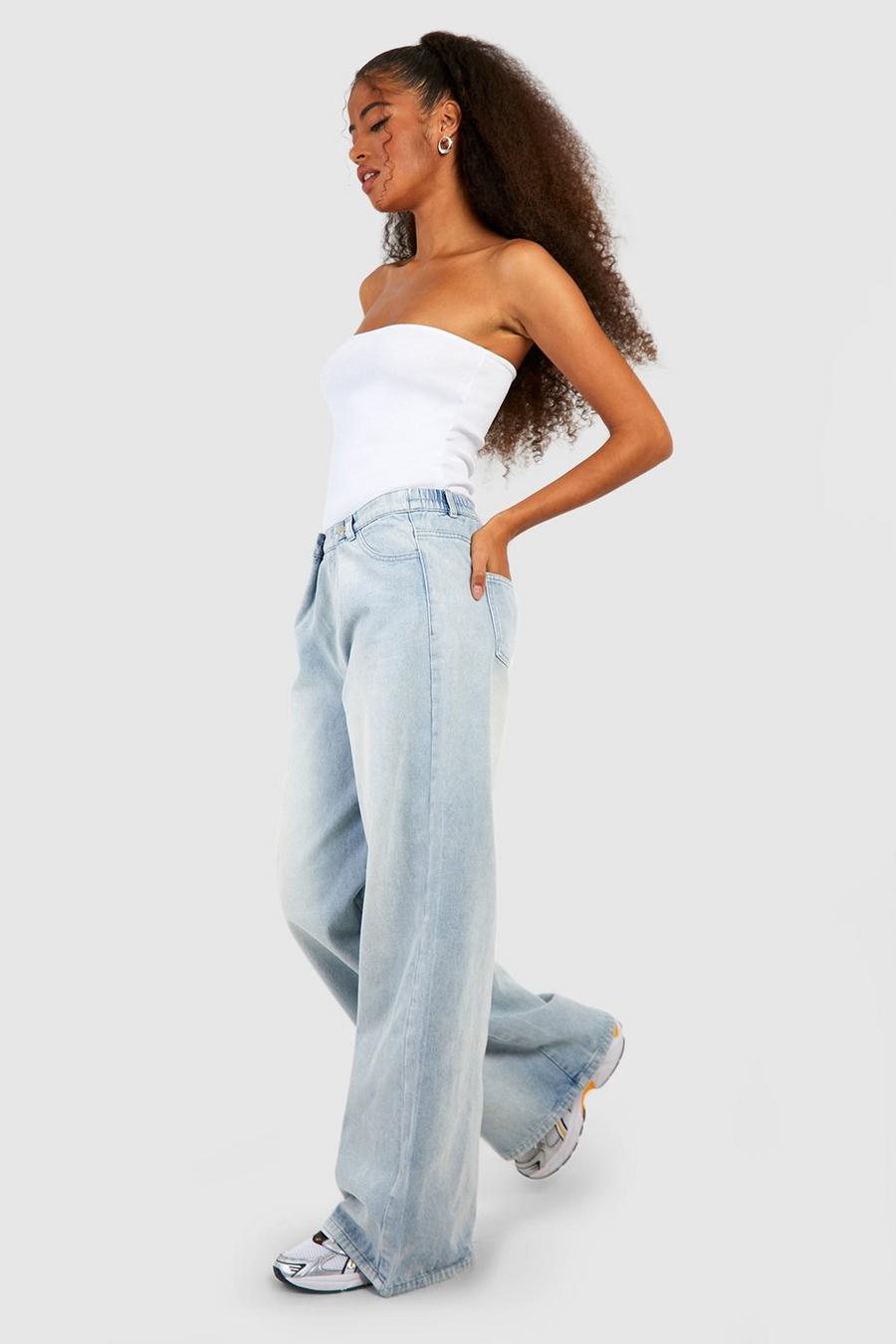 Bleach wash Popper Pleated Wasitband Wide Leg Jeans 