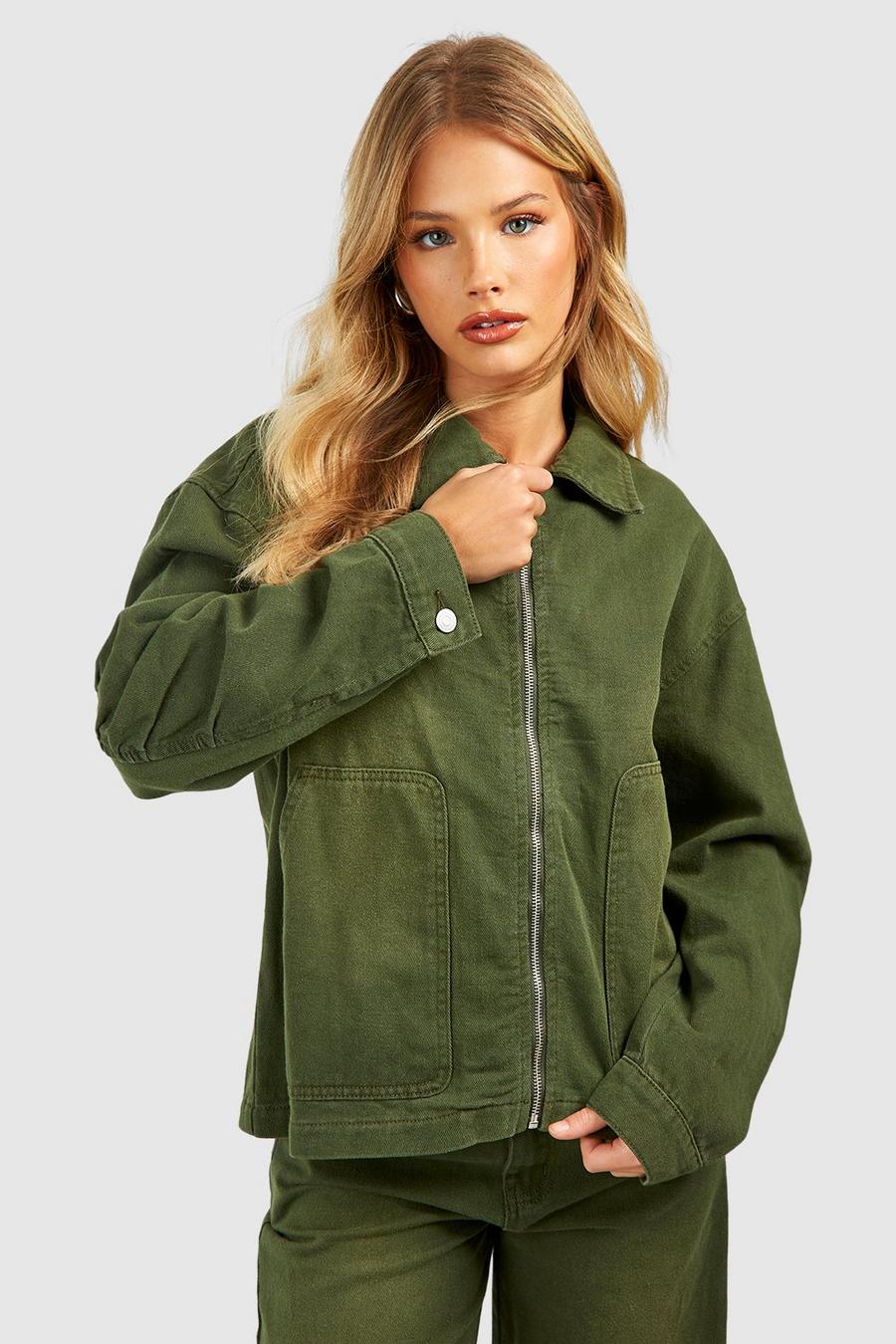 Khaki Sandblast Zip Through Denim Jacket