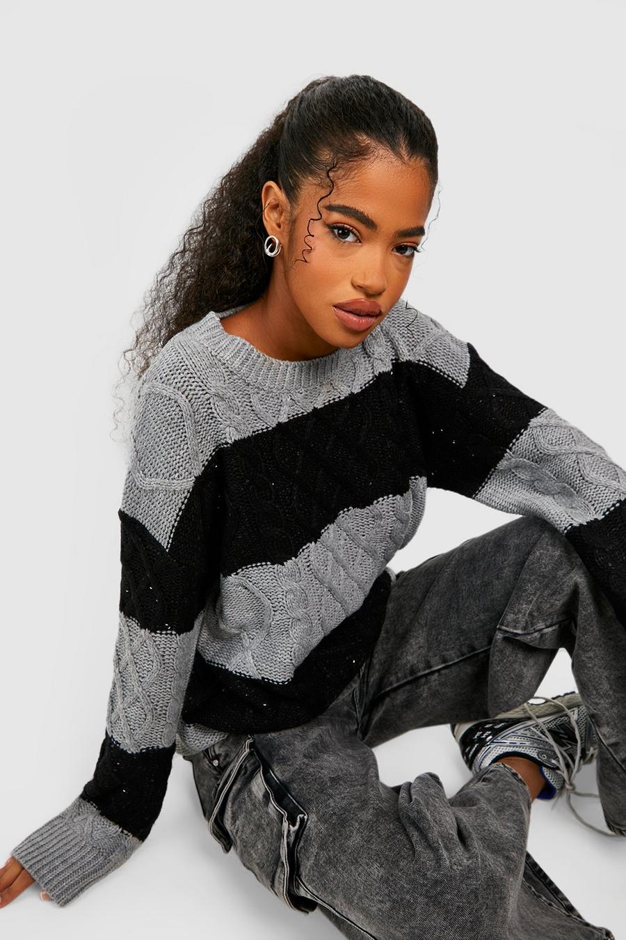 Charcoal Sequin Stripe Oversized Cable Knit Longline Sweater