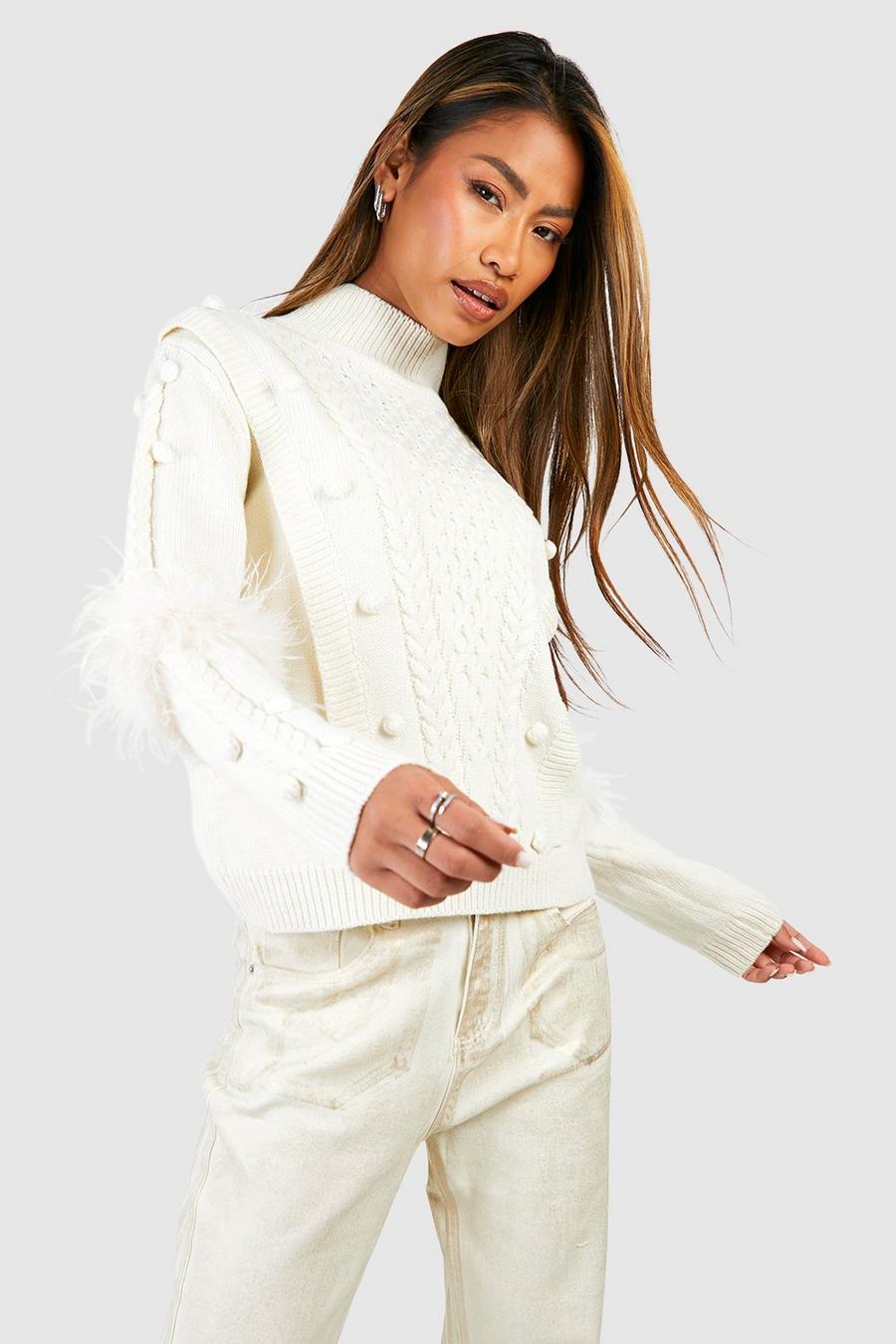Ivory Faux Fur Sleeve Cable Knit Jumper 