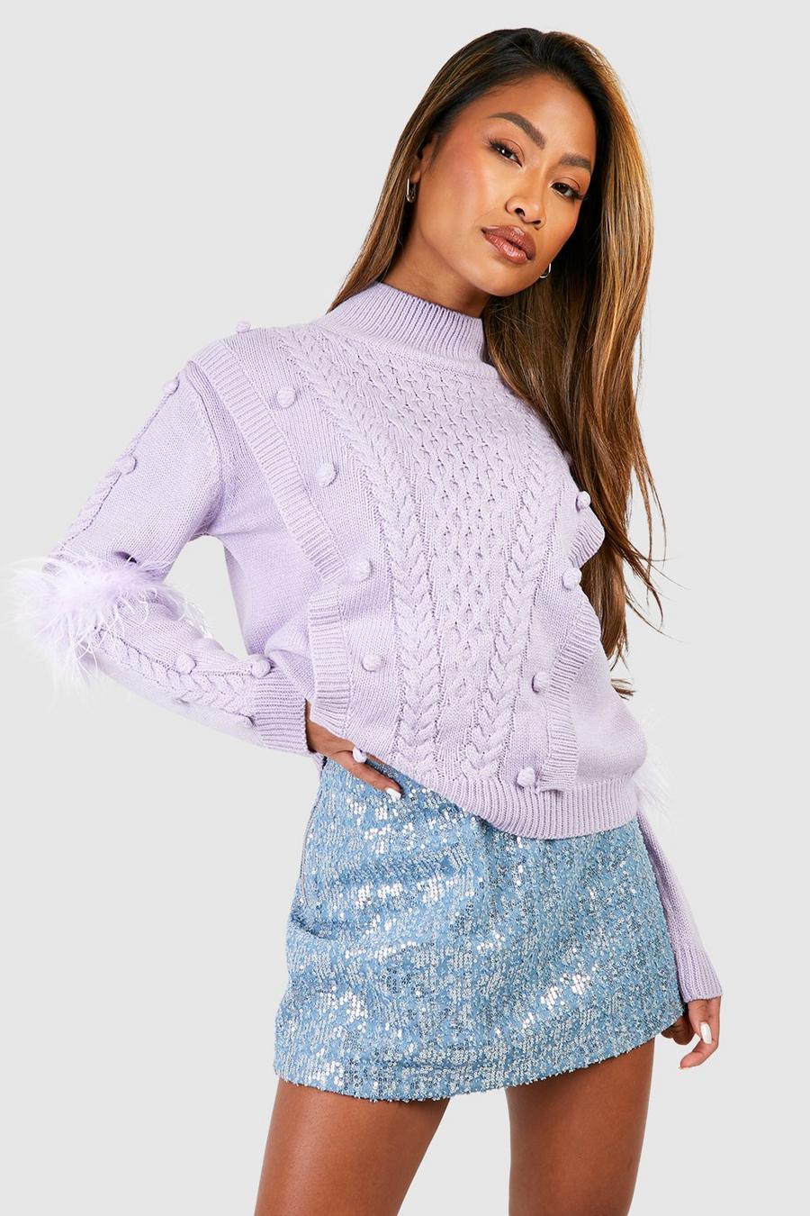 Lilac Faux Fur Sleeve Cable Knit Sweater