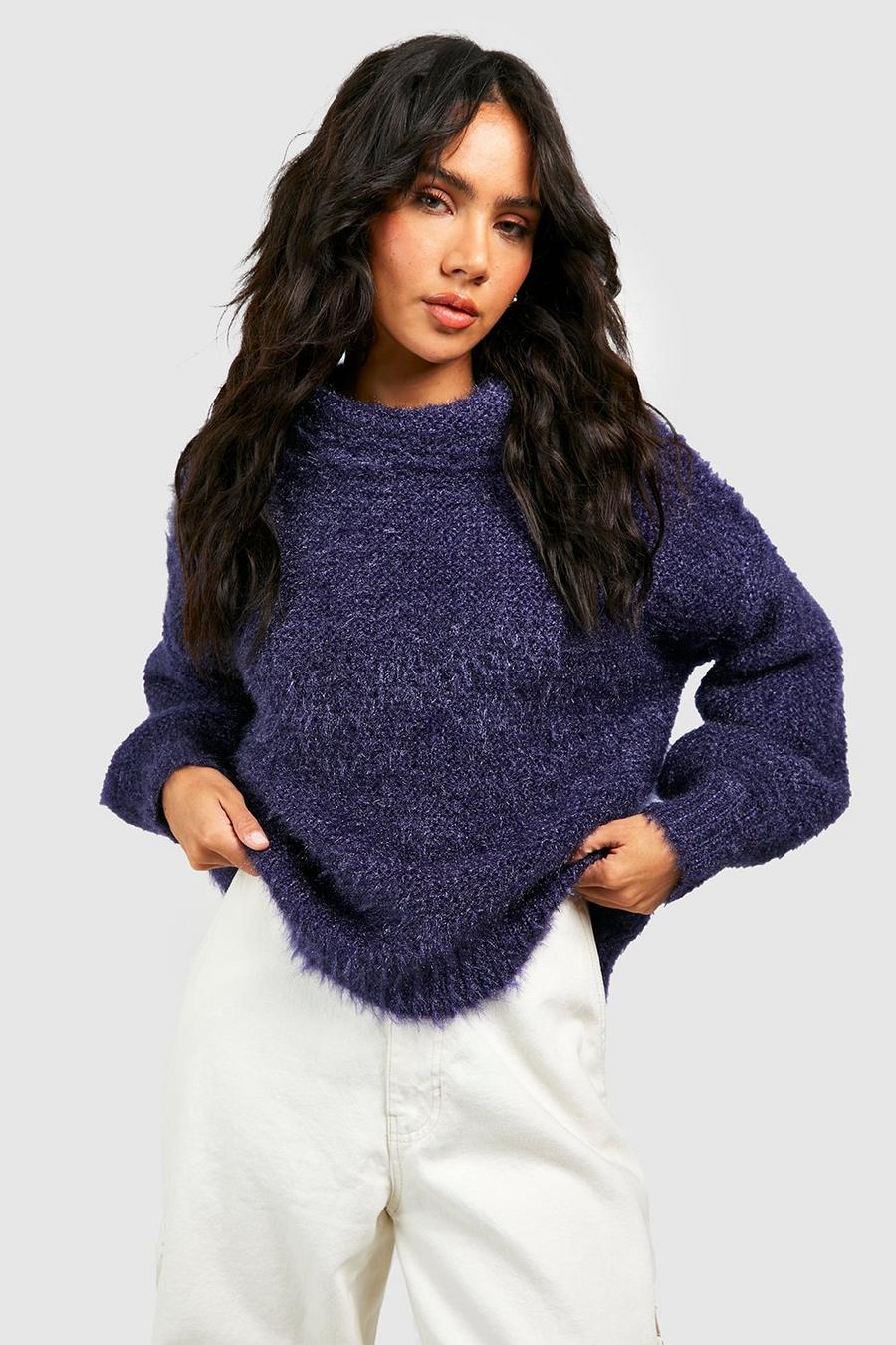 Navy Soft Knit High Neck Sweater