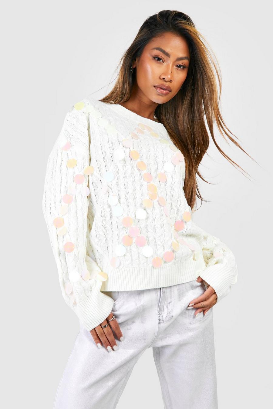 Zopfmuster-Pullover mit Pailletten, Ivory image number 1