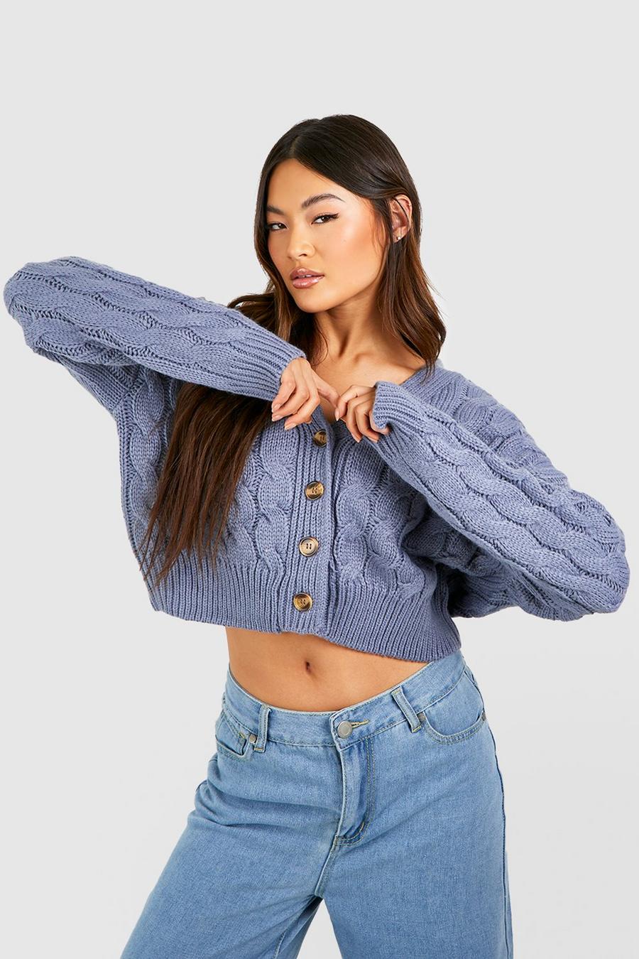 Blue Crop Cable Knit Cardigan