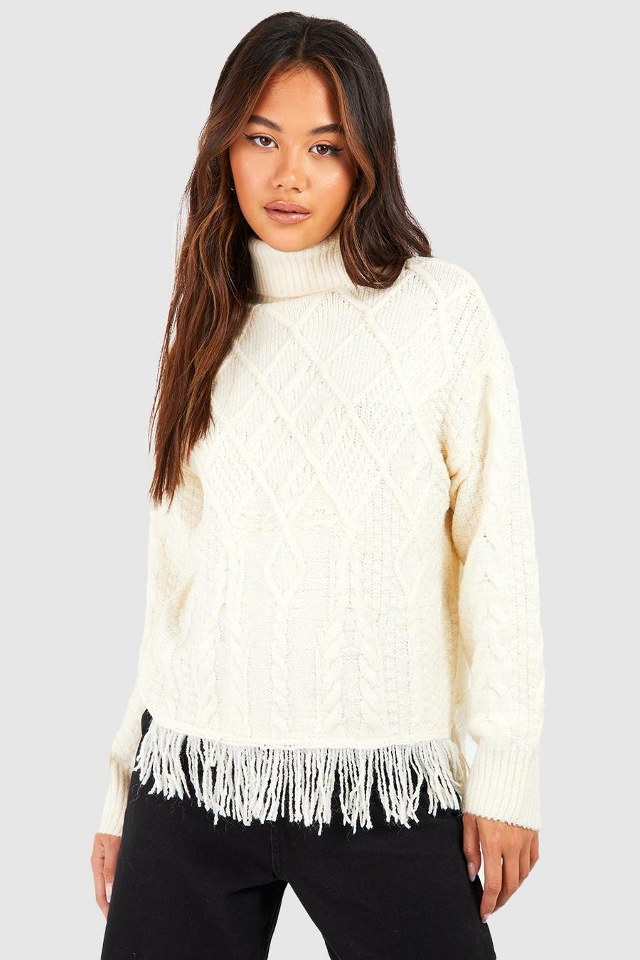 Maglione in maglia intrecciata con frange sul fondo, Ivory