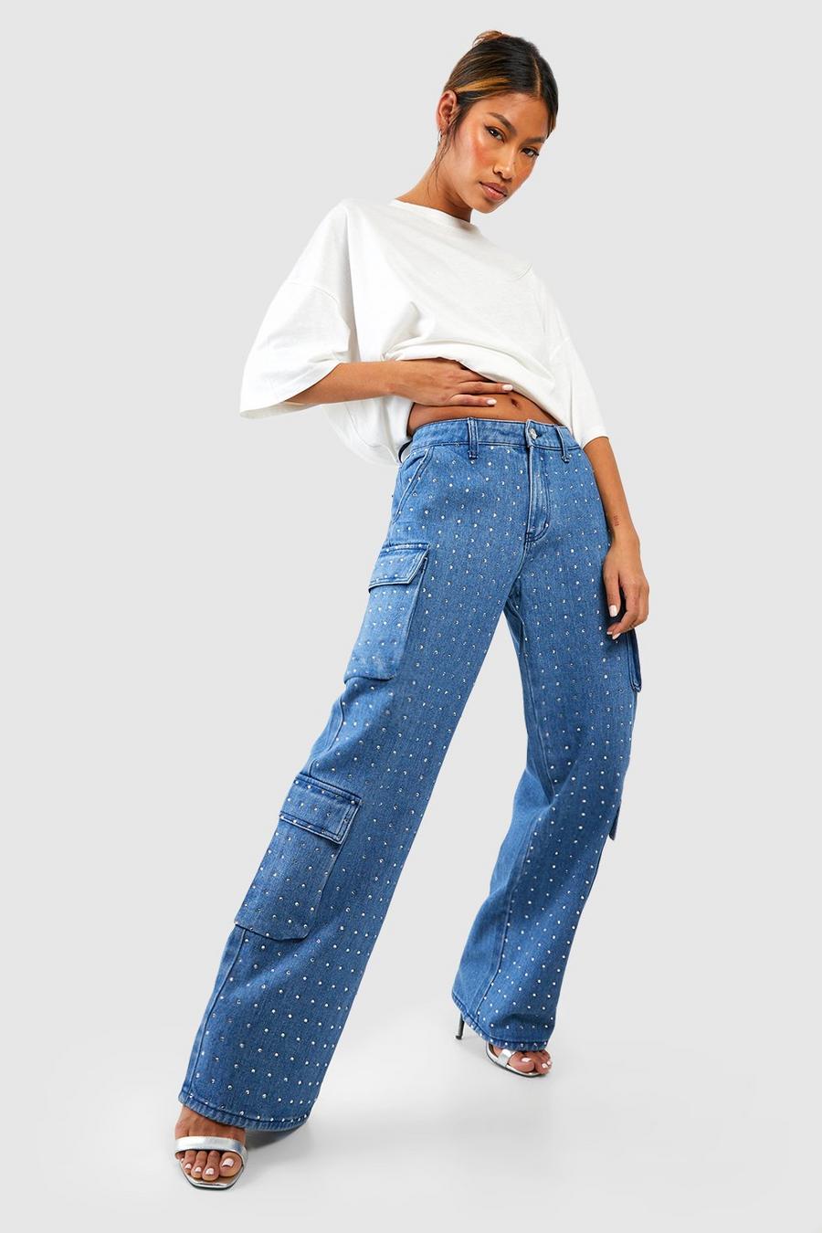Mid blue All Over Rhinestone Hot Fix Cargo Jeans image number 1