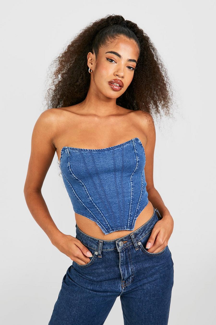 Mid blue Seamed Detail Cropped Denim Corset Top