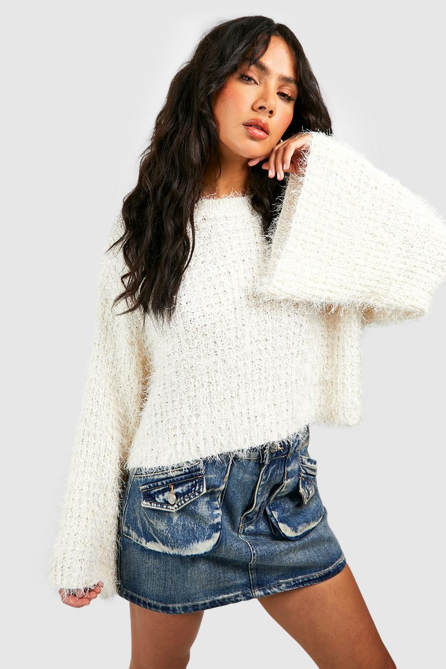 Ivory Fluffy Knit Wide Sleeve Jumper 