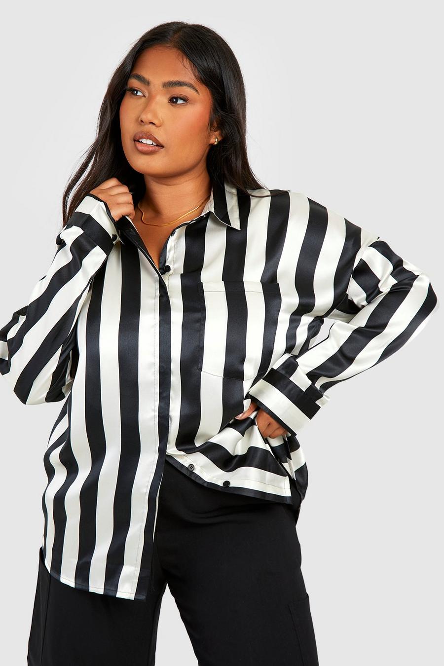 Black Plus Satin Stripe Oversized Shirt