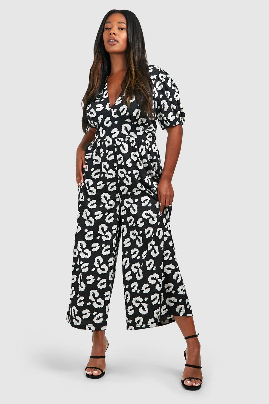 Plus Woven Animal Puff Sleeve Jumpsuit