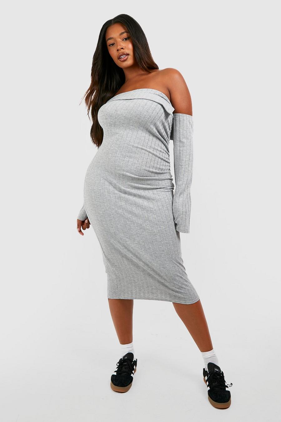 Grey Plus Wide Rib Off Shoulder Ruched Side Midi Dress