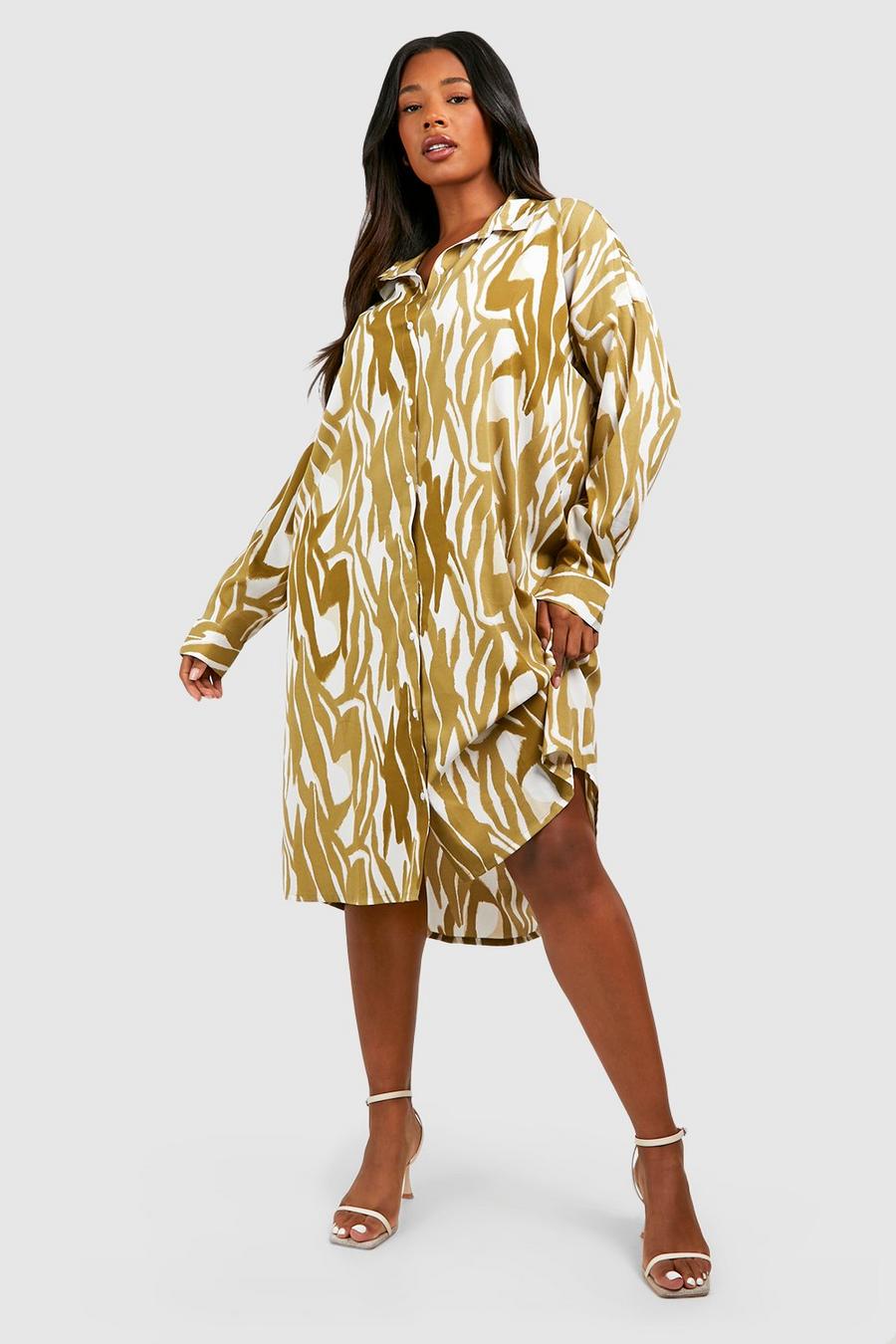 Khaki Plus Woven Zebra Print Midi Shirt Dress