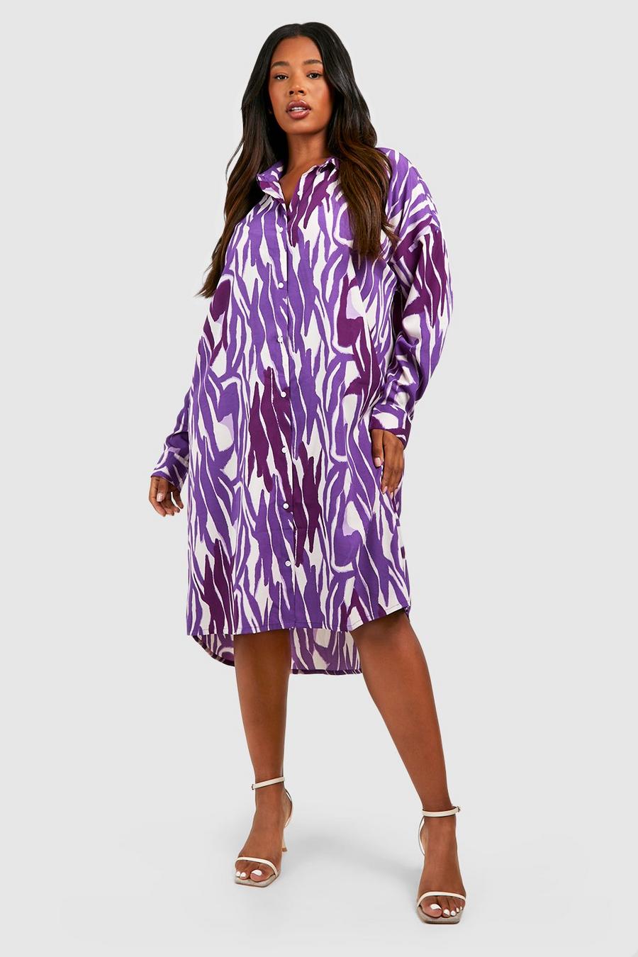 Vestito camicia midi Plus Size con stampa zebrata, Purple
