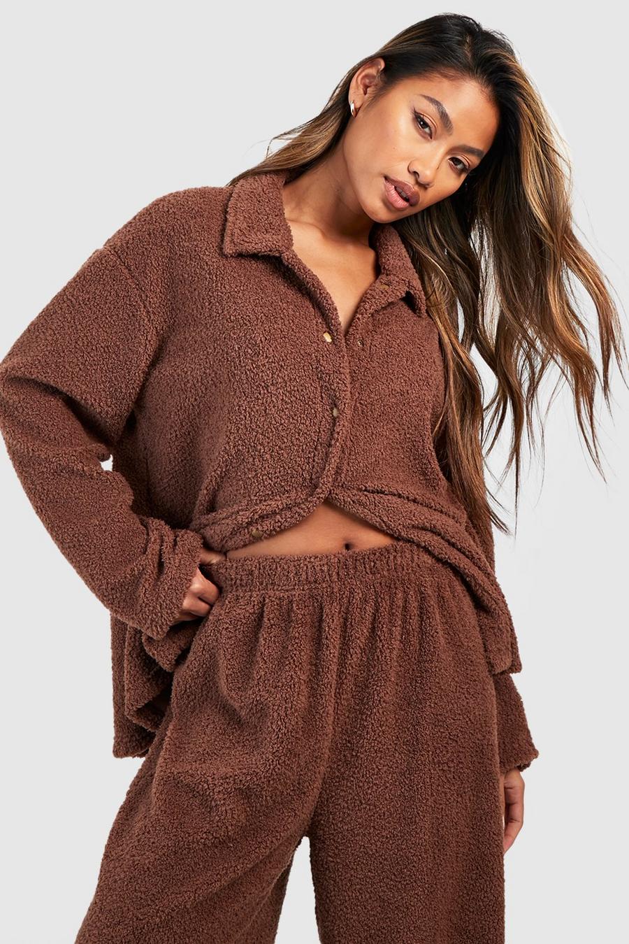 Chocolate Fluffy Collared Loungewear Shirt  image number 1