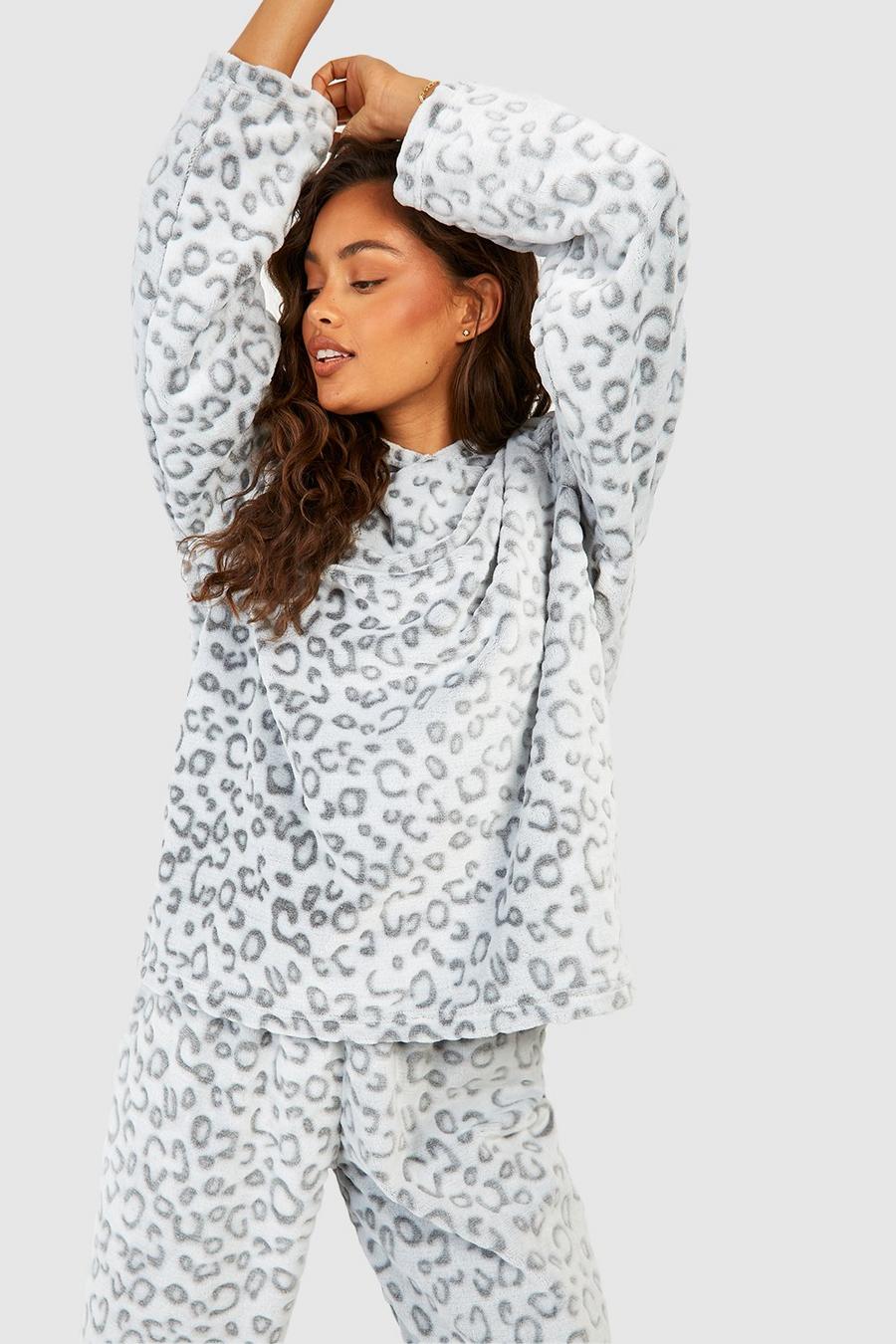 Leopardenprint Fleece Loungewear-Hoodie, Grey