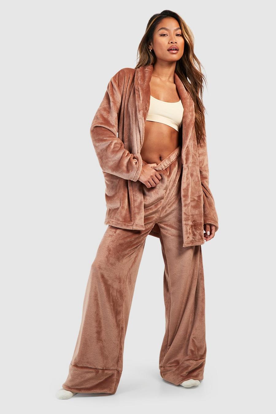 Fleece Loungewear-Hose mit weitem Bein, Mocha