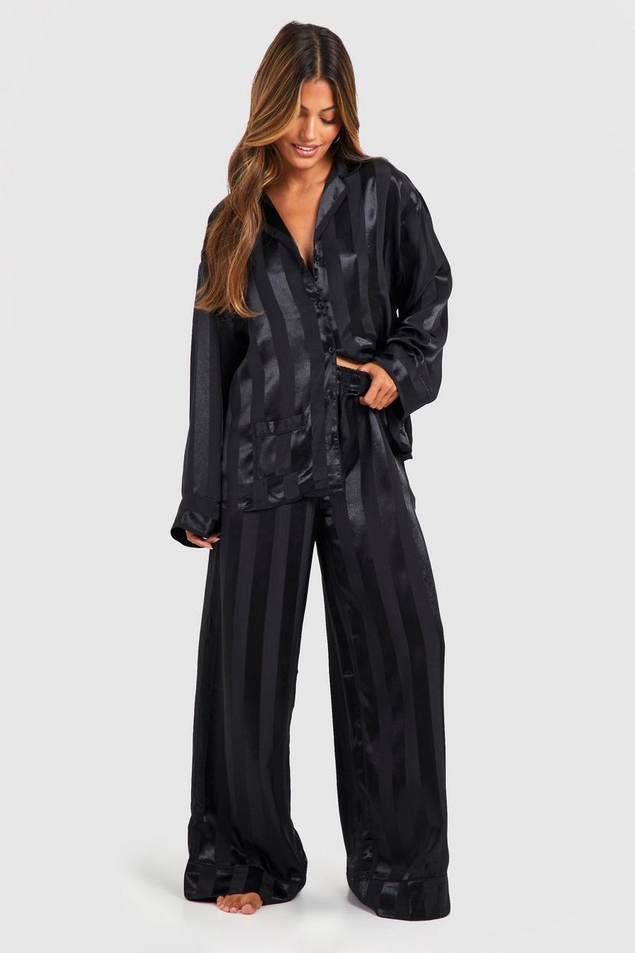 Black Premium Satin Stripe Double Pocket Pajama Set