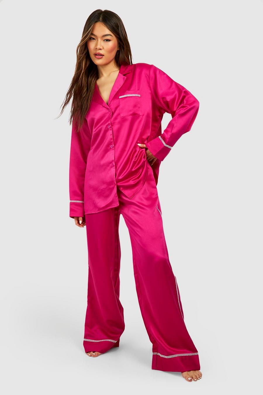 Set camicia & pantaloni Premium con strass sul fondo, Hot pink