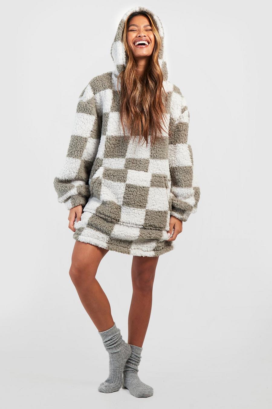 Grey Premium Checkboard Fleece Oversized Blanket Hoodie  image number 1