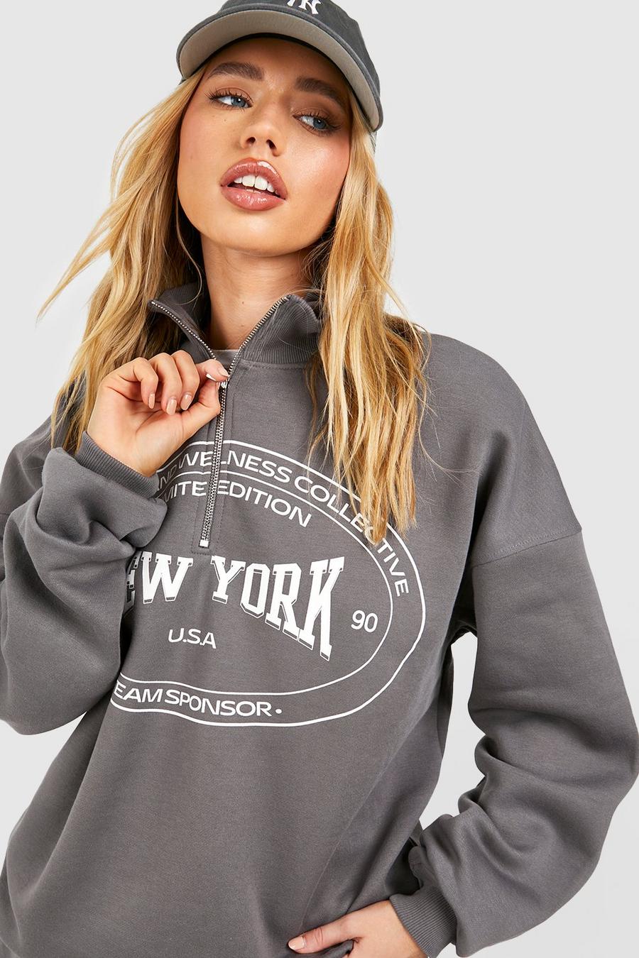 Charcoal New York Slogan Oversized Half Zip Sweatshirt 