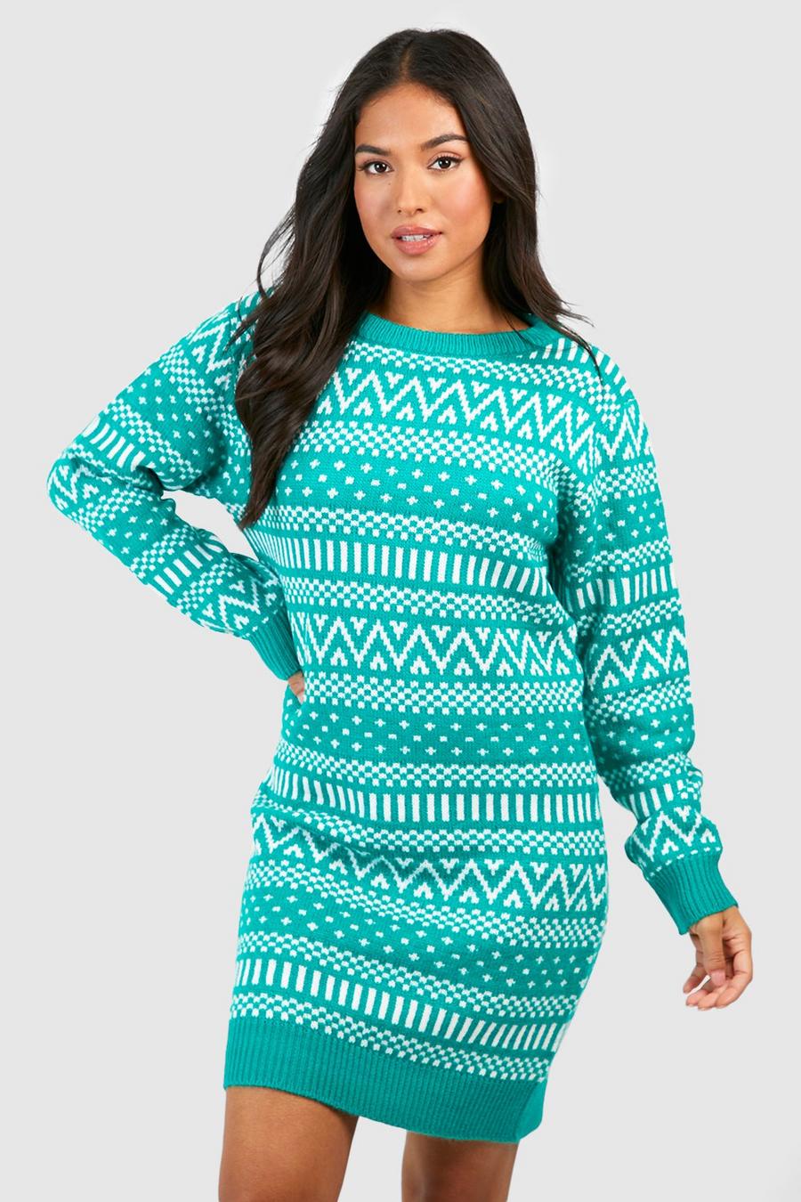 Green Petite Fairisle Christmas Sweater Dress