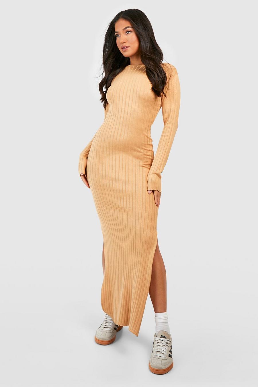 Camel Petite Wide Rib Crew Neck Knitted Maxi Dress 