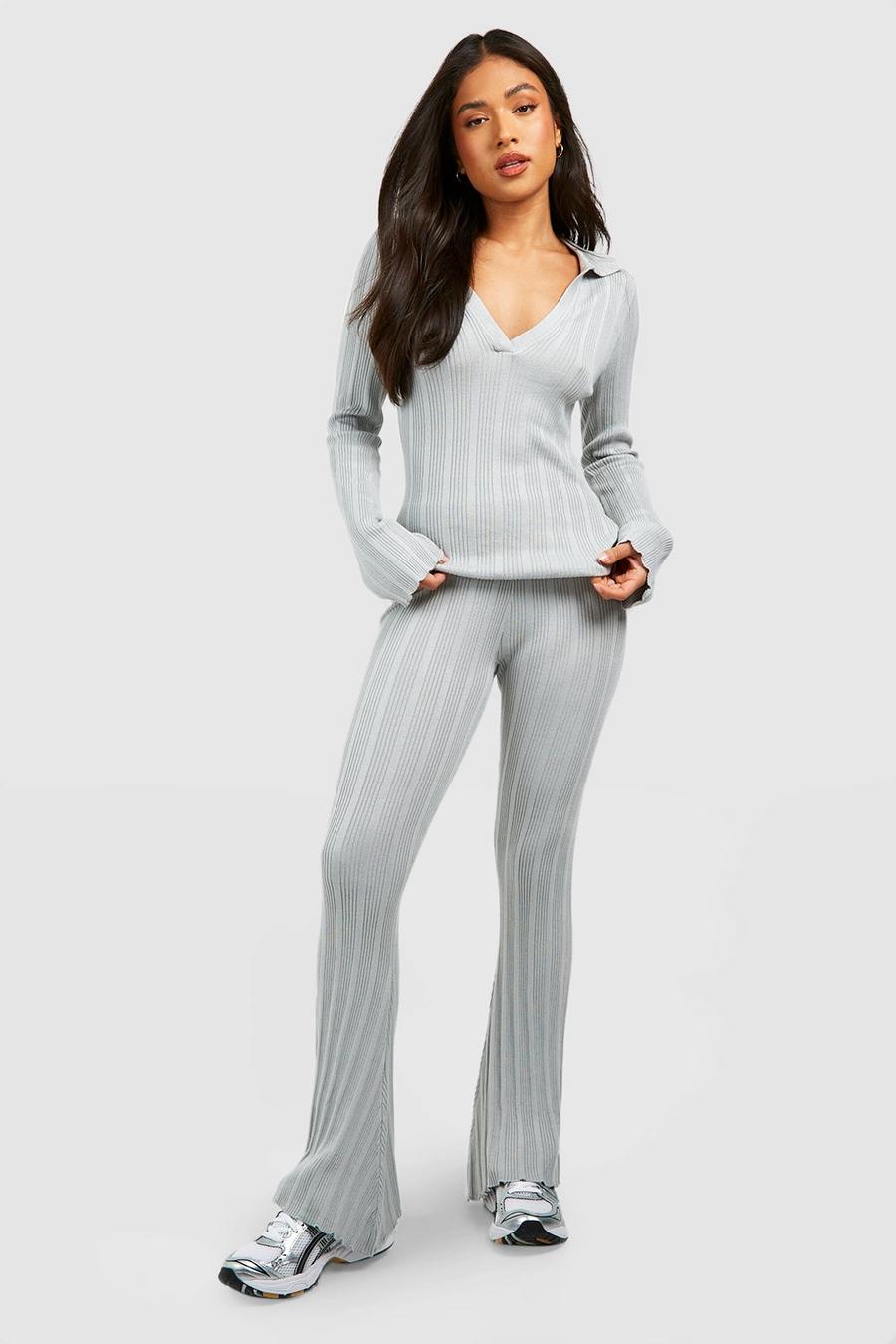 Grey Petite Mixed Rib Polo Collar Top And Flares Knitted Set 
