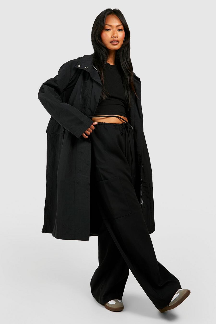 Black Nylon Hooded Detail Synched Waist Trench Coat