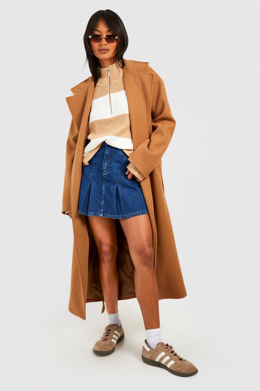 Camel Funnel Neck Wool Look Belted Maxi Coat 
