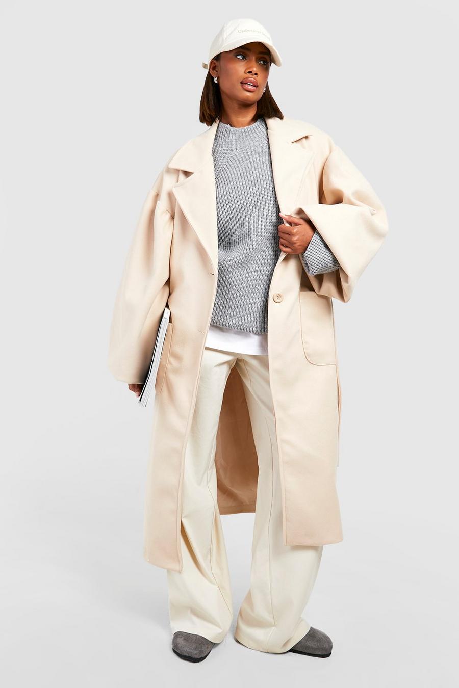 Stone Balloon Sleeve Oversized Wool Look Coat  