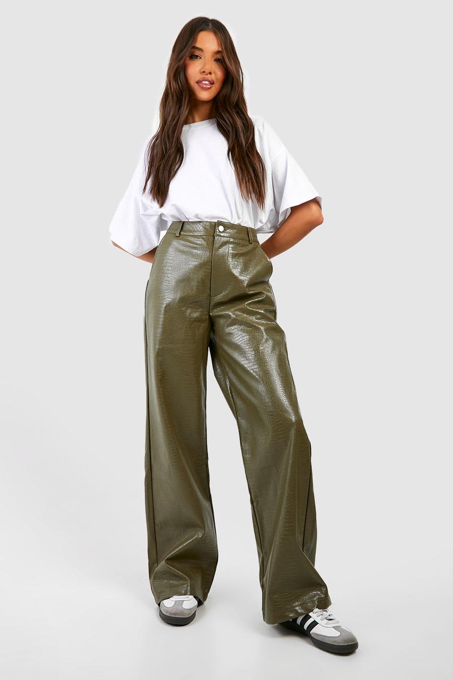 Pantalón de pernera ancha y cuero sintético con acabado de cocodrilo, Khaki